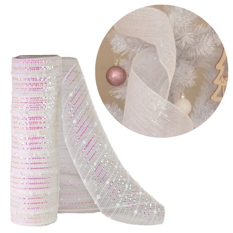 Tela Natal Malha Tule Decorativa Perolada Furta Cor Branco e Rosa 25cm X 5m Fita Premium