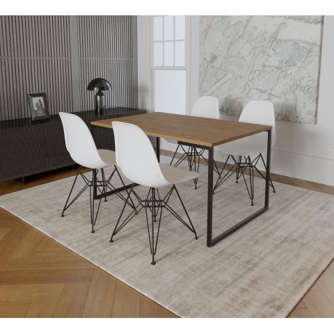 Mesa Industrial Base Ferro Preto Tampo 137x90 Amendoa 4 Cadeiras Eames Ferro Preto Assento Branco