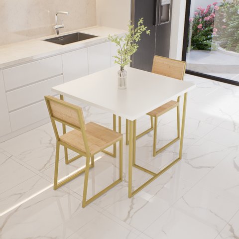 Conjunto Mesa de Jantar Quadrada Branca 2 Cadeiras Pinus Riviera Industrial Dourado Don Castro Decor