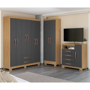 Kit Quarto Guarda Roupa 6 Portas 2 Gavetas, Comoda Sapateira e Armário Multiuso Carvalho Grafite