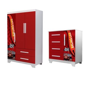 Conjunto Guarda Roupa e Cômoda Infantil Carro Mdf Resistente:vermelho