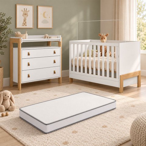 Kit Quarto de Bebê Fantasia com Berço Mini Cama Cômoda 3 Gavetas com Nicho e Colchão D18 130x70 Move