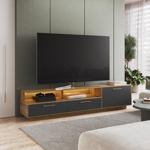 Rack para TV até 75 Polegadas com LED 1 Porta e 2 Gavetas Multimóveis Crart-RCK001 Mel/Grafite