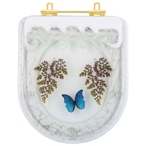 Assento Sanitario Poliester Decorado Borboleta Azul Carrara para Vaso Deca com Ferragem Dourada