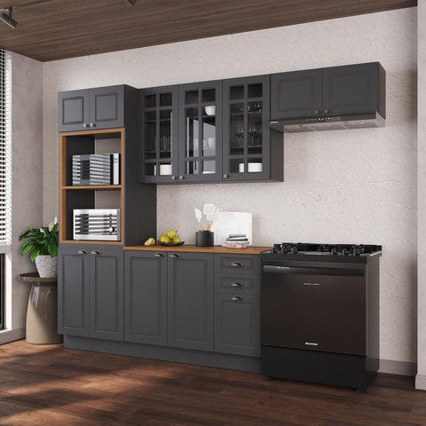 Cozinha Modulada 4 Peças Torre Quente Balcão com Tampo 2 Aéreos 100% MDF com Vidro e Rodapé Bari
