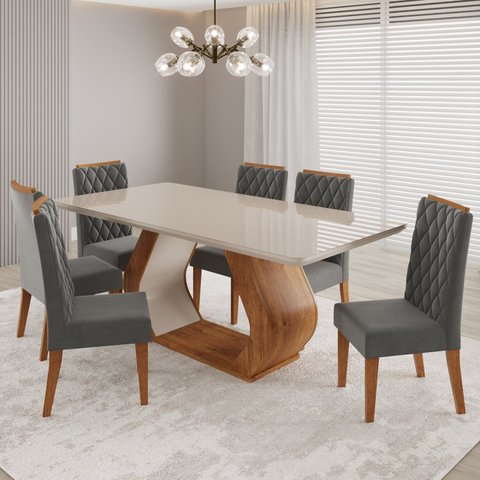 Conjunto Sala de Jantar 6 Lugares Retangular Tampo de Vidro e MDF Desire Cinza/Mel/Off White