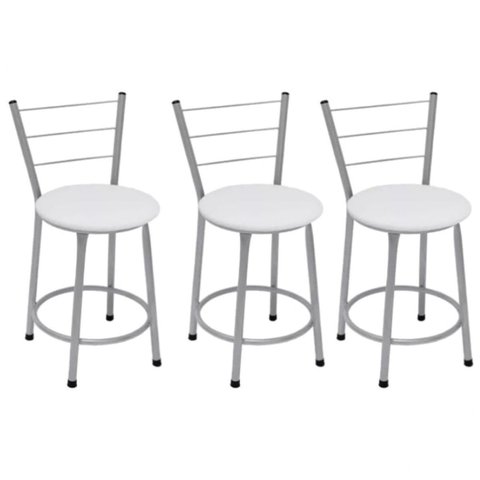 Kit 3 Banquetas Baixas Prata com Encosto Assento Branco
