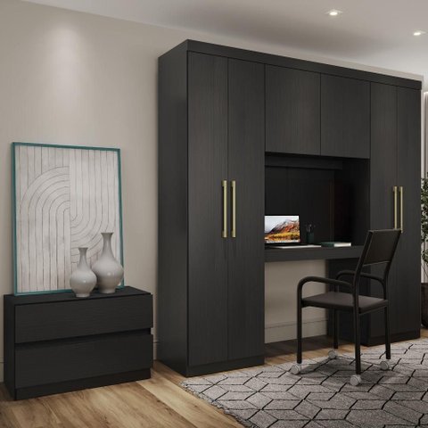 Guarda Roupa Solteiro 6 Portas 2 Gavetas Porto Preto com Escrivaninha