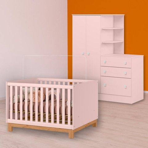 Conjunto Berço Mini Cama Slim e Guarda Roupa C/ Cômoda Rosa