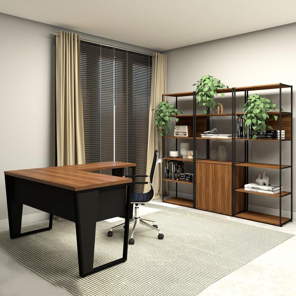 Conjunto Escritório Industrial Metal Madeira F5 Office Cor:nogal