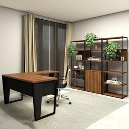 Conjunto Escritório Industrial Metal Madeira F5 Office Cor:nogal com Preto - 1