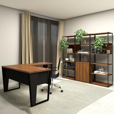 Conjunto Escritório Industrial Metal Madeira F5 Office Cor:nogal com Preto