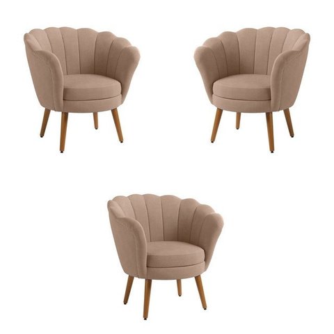 Kit 3 Poltronas Pétala Veludo Bege Pés Palito - Kimi Design