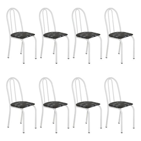 Kit 8 Cadeiras de Cozinha Califórnia Estampado Preto Florido Pés de Ferro Branco - Pallazio