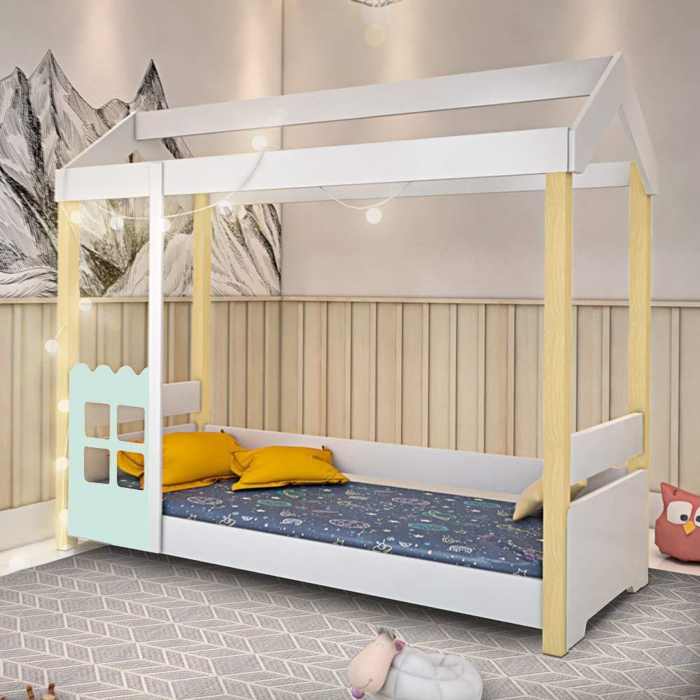 Cama Montessoriana Solteiro Casinha com Led Branco Menta Divaloto ...