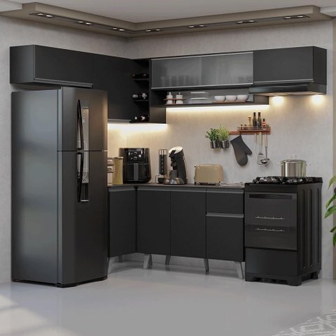 Armário de Cozinha Completa de Canto 405 Cm Preto Nice Madesa 05 Preto