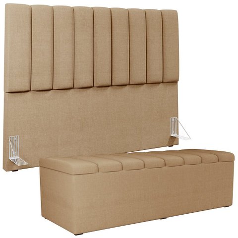 Kit Cabeceira Cama Box Casal King 195cm com Calçadeira Baú Dália W01 Linho Bege Escuro - Lyam Lyam D