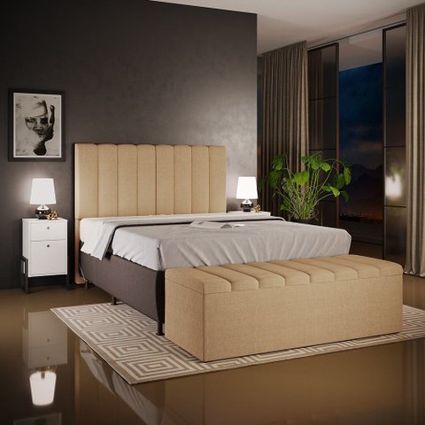 Kit Cabeceira Cama Box Casal King 195cm com Calçadeira Baú Dália W01 Linho Bege Escuro - Lyam Lyam D