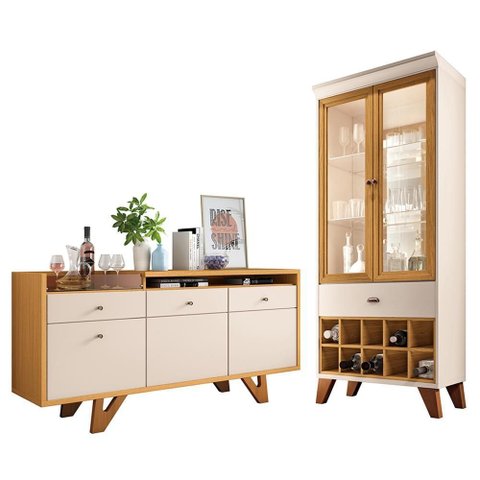 Sala de Jantar com Cristaleira Ópera e Buffet Aparador Sollare Off White/cinamomo - Hb Móveis