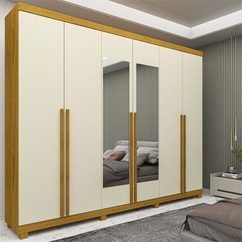Guarda-Roupa Casal Elaris 6 Portas 4 Gavetas com Espelho 100% MDF Naturale/Off White - Pnr Móveis