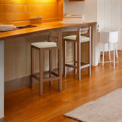 Kit 2 Banquetas Luxo Baixa Ibiza - Base em Madeira Maciça - Estofado em Linho