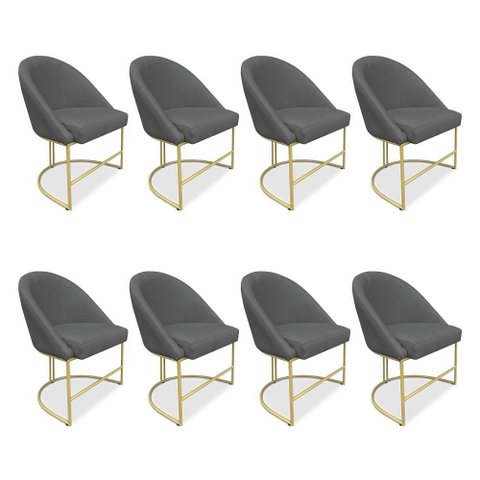 Kit 08 Cadeiras Poltrona de Jantar Bela Veludo Grafite Base Metálica Industrial Dourado - Pallazio