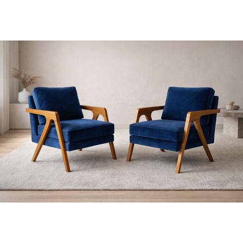 Kit 2 Poltronas Mona Luxo Madeira Maciça Veludo Azul para Sala de Estar Decorativa Moderna