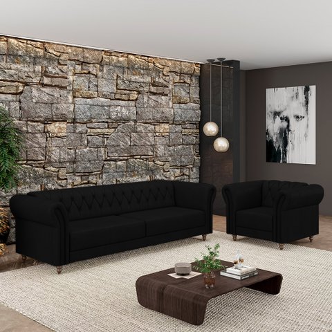 Conjunto Sala de Estar 1 Sofá Living 200cm e 1 Poltrona Stanford Chesterfield Pés Madeira Couro Pret