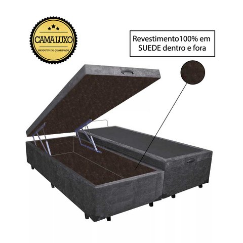Base Box Baú Casal Luxo Blindado Bipartido NK Camas Suede Cinza 49x138x188