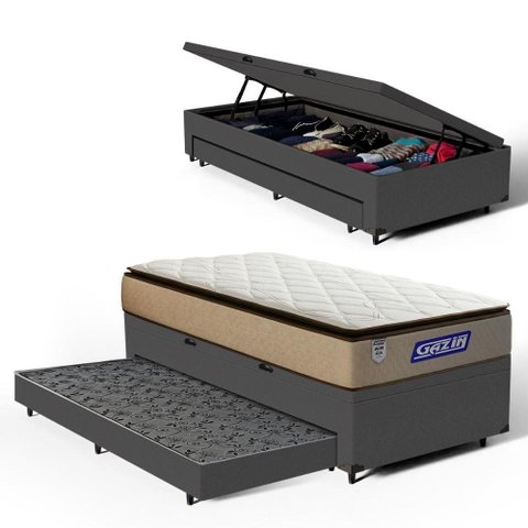 Cama Box Baú com Colchão Gazin de Molas Ensacadas Pillow Top Air Pro + Auxiliar de Espuma Solteiro