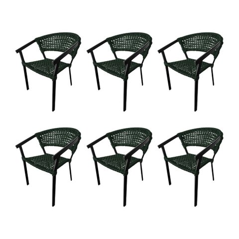 Kit 6 Cadeiras Sofia Corda Náutica Base em Alumínio Preto/verde Musgo