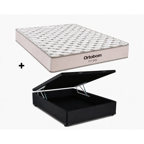 Cama Bau Casal Bipartido Preto Colchão Fit D45 Espuma 138x188 - Ortobom