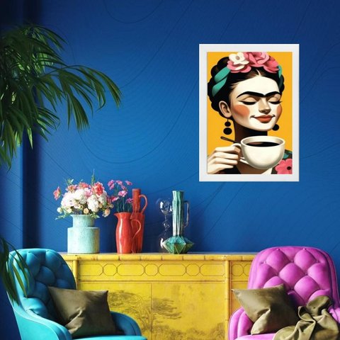 Quadro Frida Tomando Café 24x18cm - com Vidro:madeira Branca