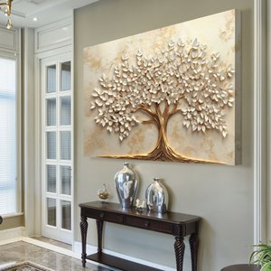 Quadro Decorativo Árvore da Vida Folhas Delicadas Flores Brancas Sala Quarto Casa Escritório