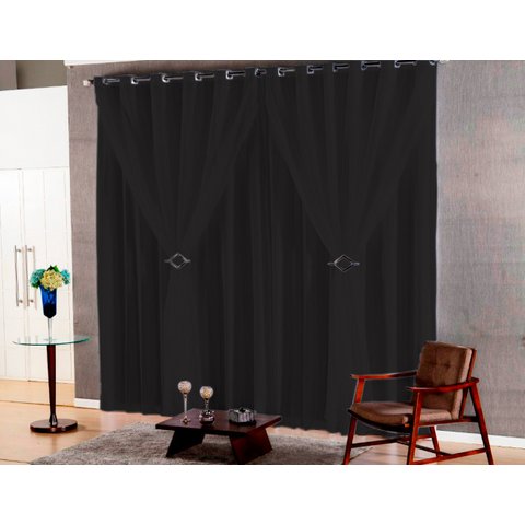 cortina sala voal liso preto com forro preto 4,00x2,50