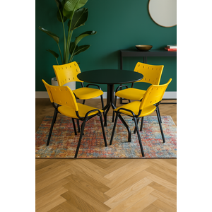 Jogo Mesa Redonda para Restaurante Comércio com 4 Cadeiras Iso Amarela Base Preta Ecomhome