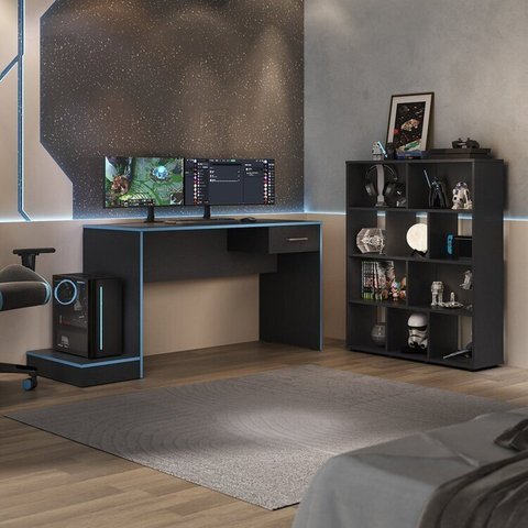 Conjunto Escrivaninha Gamer e Estante Book com Diversos Nichos Preto