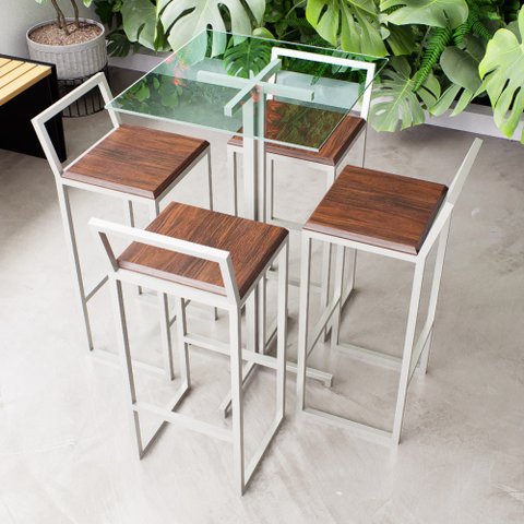 Conjunto Mesa Alta Bar Bistrô Quadrada Vidro 4 Banquetas Confort Imbuia Industrial White Don Castro 