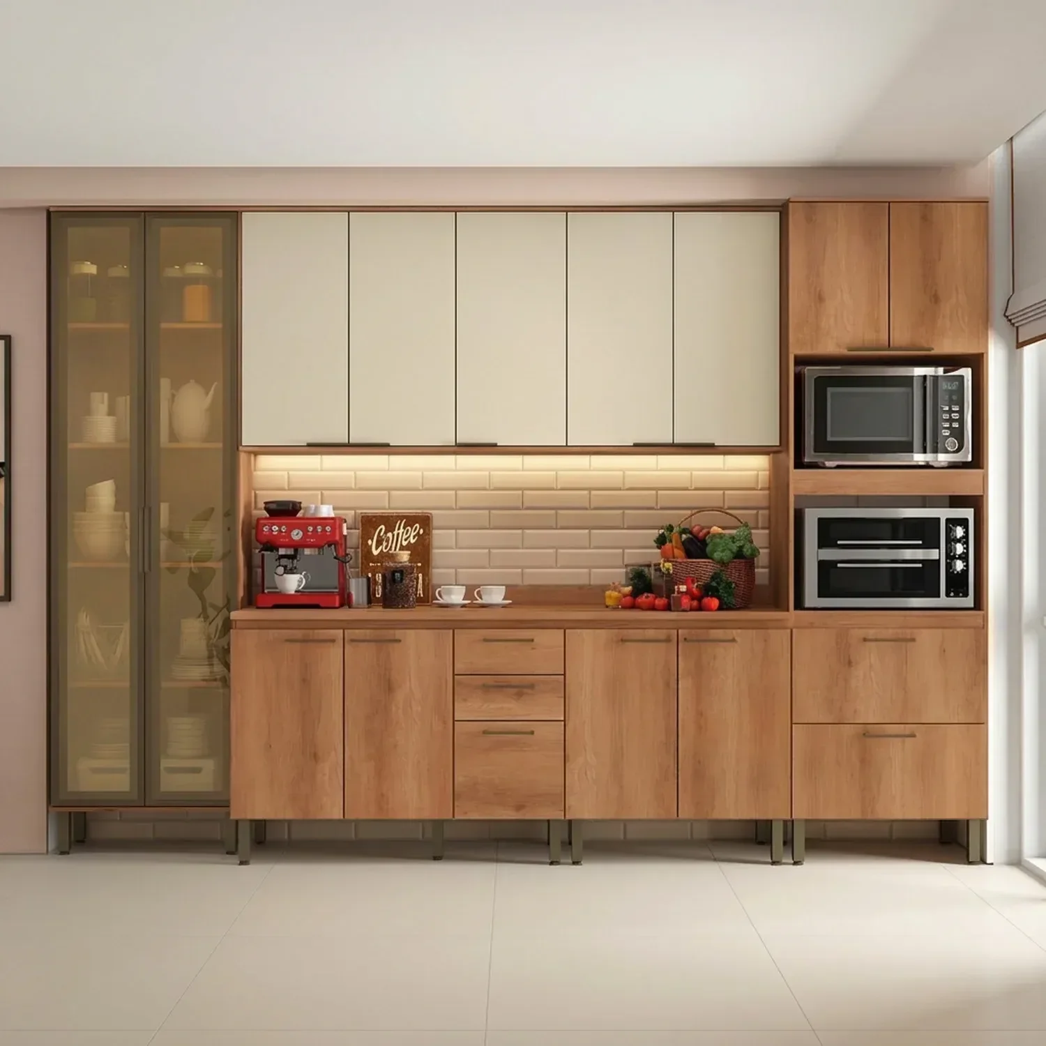Cozinha Completa Modulada 100% MDF 6 Peças com Cristaleira e Balcão com Tampo Yescasa Freijó/Areia Princess