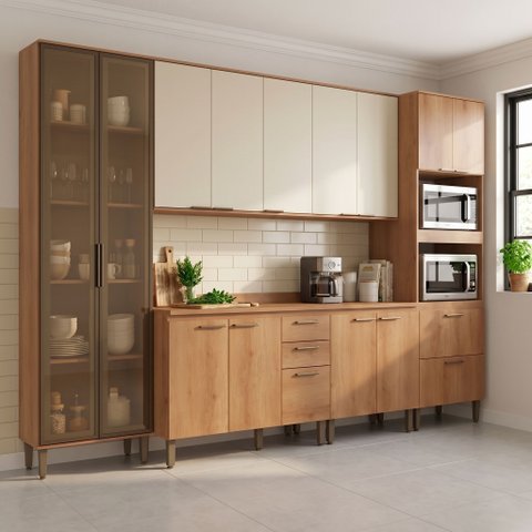 Cozinha Completa Modulada 100% MDF 6 Peças com Cristaleira e Balcão com Tampo Yescasa Freijó/Areia Princess