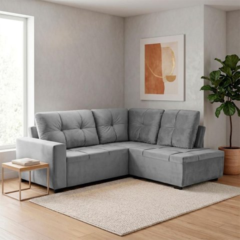 Sofá de Canto com Chaise Ibarra Suede Velut Cinza - King House