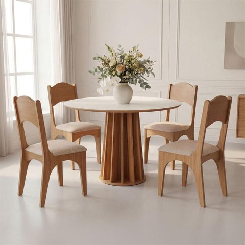 Mesa de Jantar 1,05m x 1,05m com 4 Cadeiras com Assento Estofado Cor:Off White com Freijó e Bege R