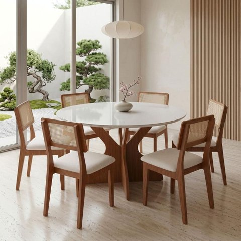 Conjunto Mesa de Jantar Cesare Escuro 6 Lugares Tampo em Vidro MDF Freijó 135cm Dalla Costa