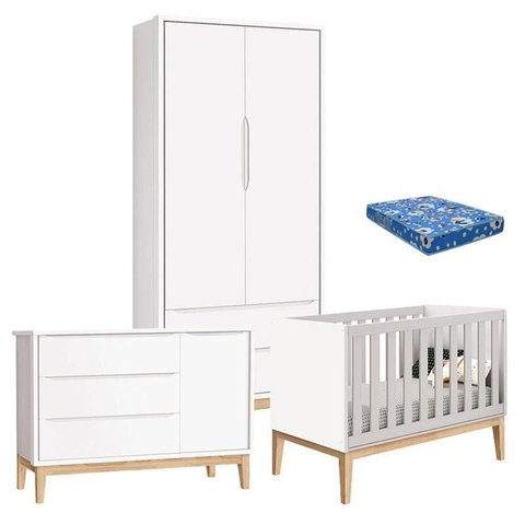 Quarto de Bebê Classic 2 Portas com Colchão Branco Pés Madeira Natural - Reller
