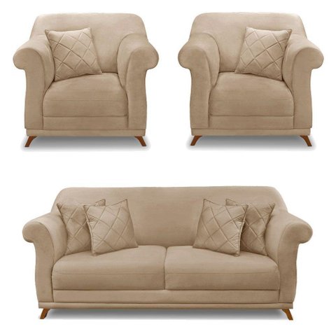 Kit 2 Poltronas E Sofá 2 Lugares 1,60m Bege Pés Castanho