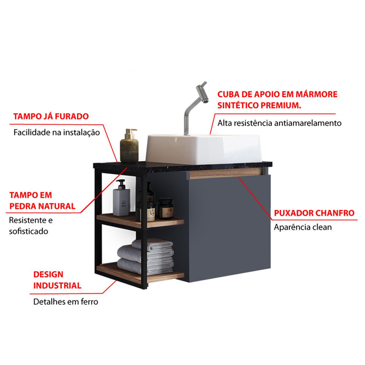 Conjunto Gabinete Armário Suspenso com Prateleira e Cuba Branca para Banheiros e Lavabos - 5