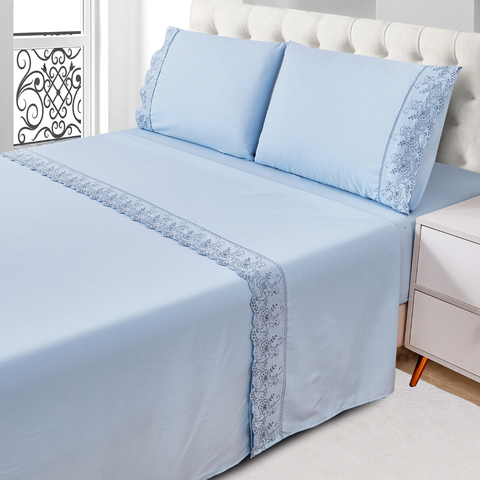 Jogo de Lençol Queen Bordado 4 Peças 1,58 X 1,98 X 38 Cm - Azul