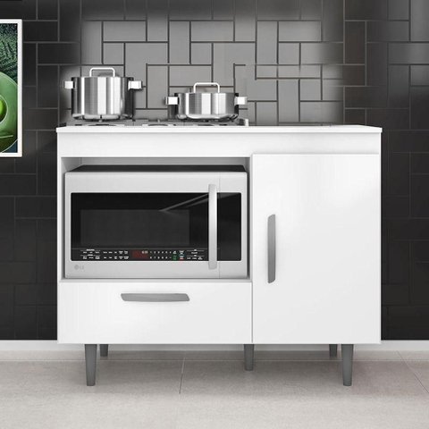 Balcão com Nicho Alecrim p/ Cozinha Área Gourmet Cooktop 4 Bocas 1 Porta 1 Gaveta Cor Branco