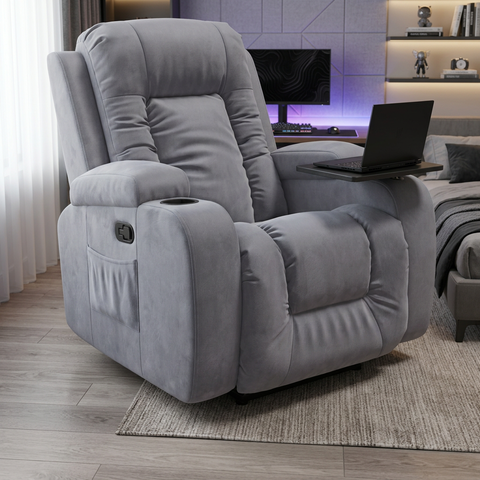 Poltrona Papai Reclinável Massagem Aquecimento Tecido Suede Cinza Premium Manual Fixa