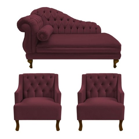 Divã Larissa 150 cm e 2 Poltronas Genesis Suede Vermelho Bordo